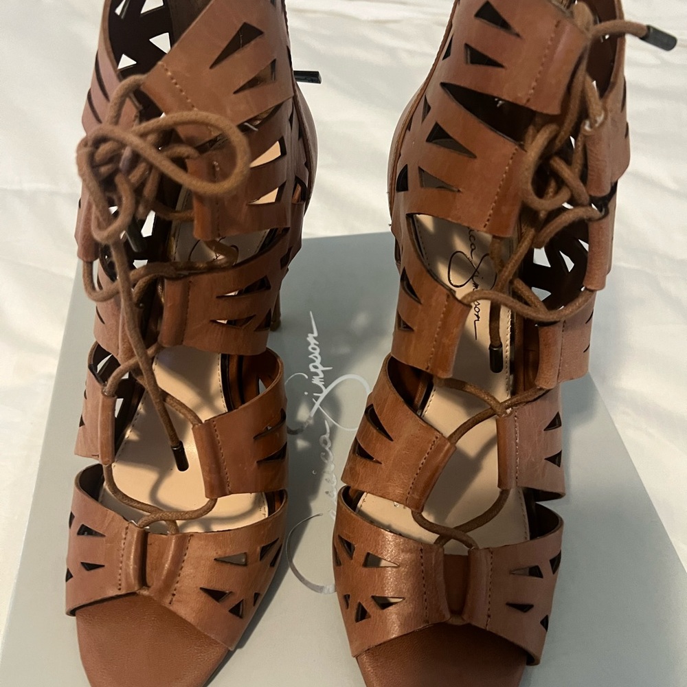 Worn Once!  Jessica Simpson Brown Lace-Up Caged Heels, Size 10